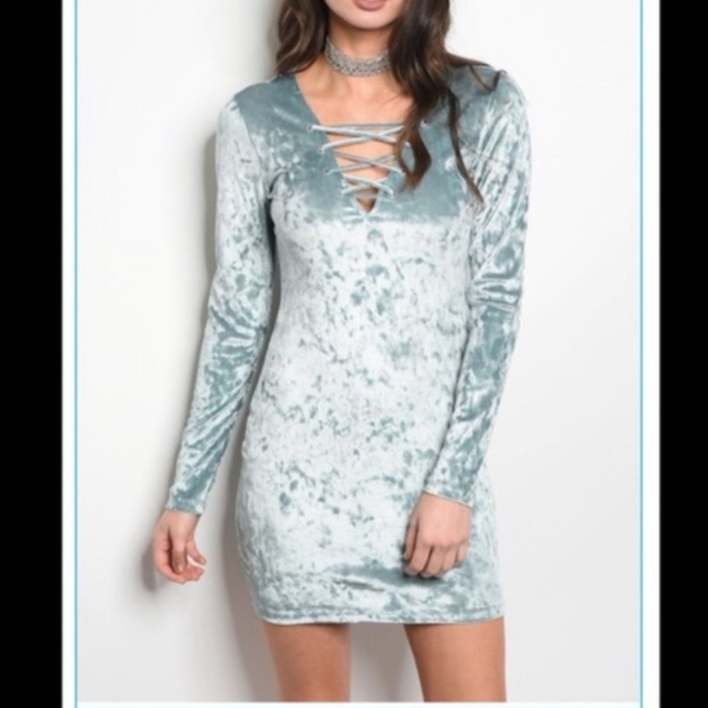 Ice blue velvet lace up long sleeved bodycon dress Medium M Large L